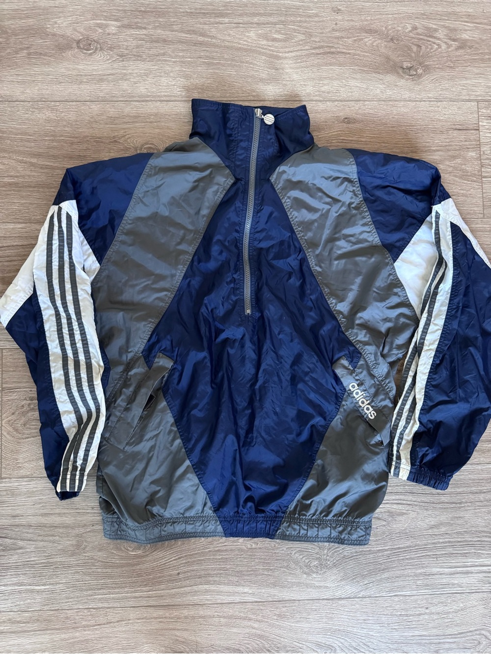 Vintage 90s Adidas Windbreaker Jacket Half Zip Pullover Navy Gray Colorblock L